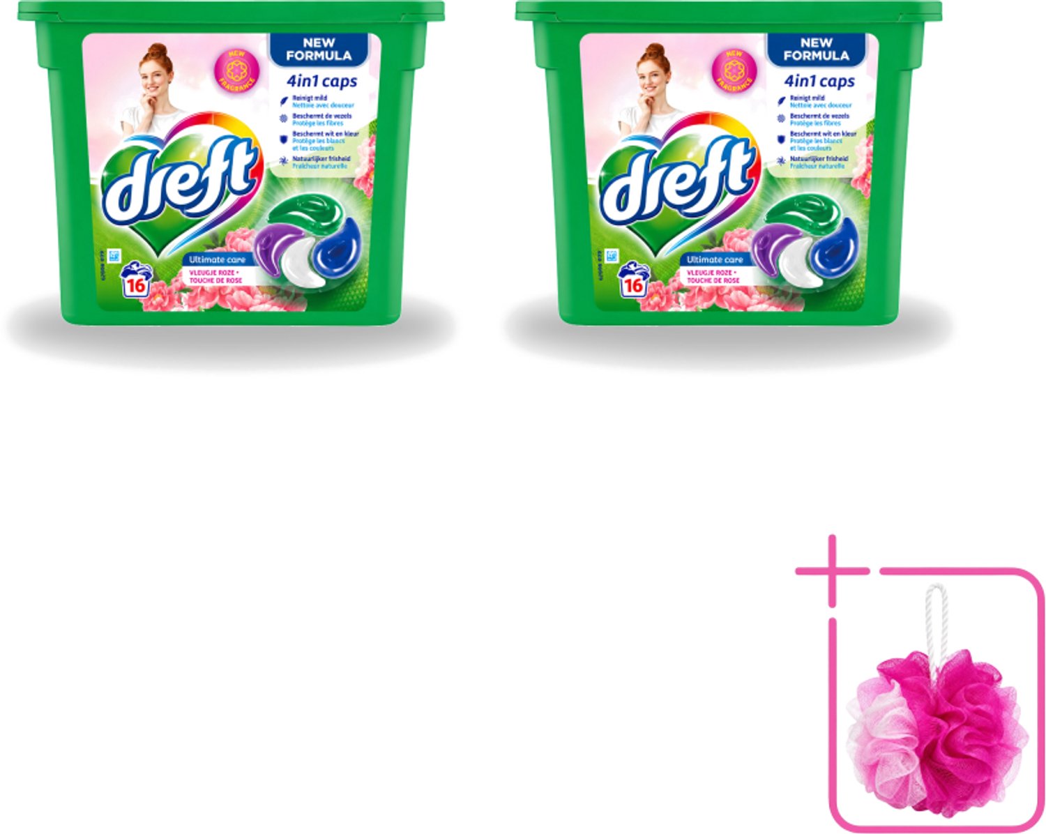 2 x Dreft - Nieuwe Formule - Wasmiddelcapsules 4in1 - Witte en Gekleurde Was - Vleugje Roze - 16 Wasbeurten - Bulkverpakking - Wasmiddelcapsules - Douchemop - Wasbeurten