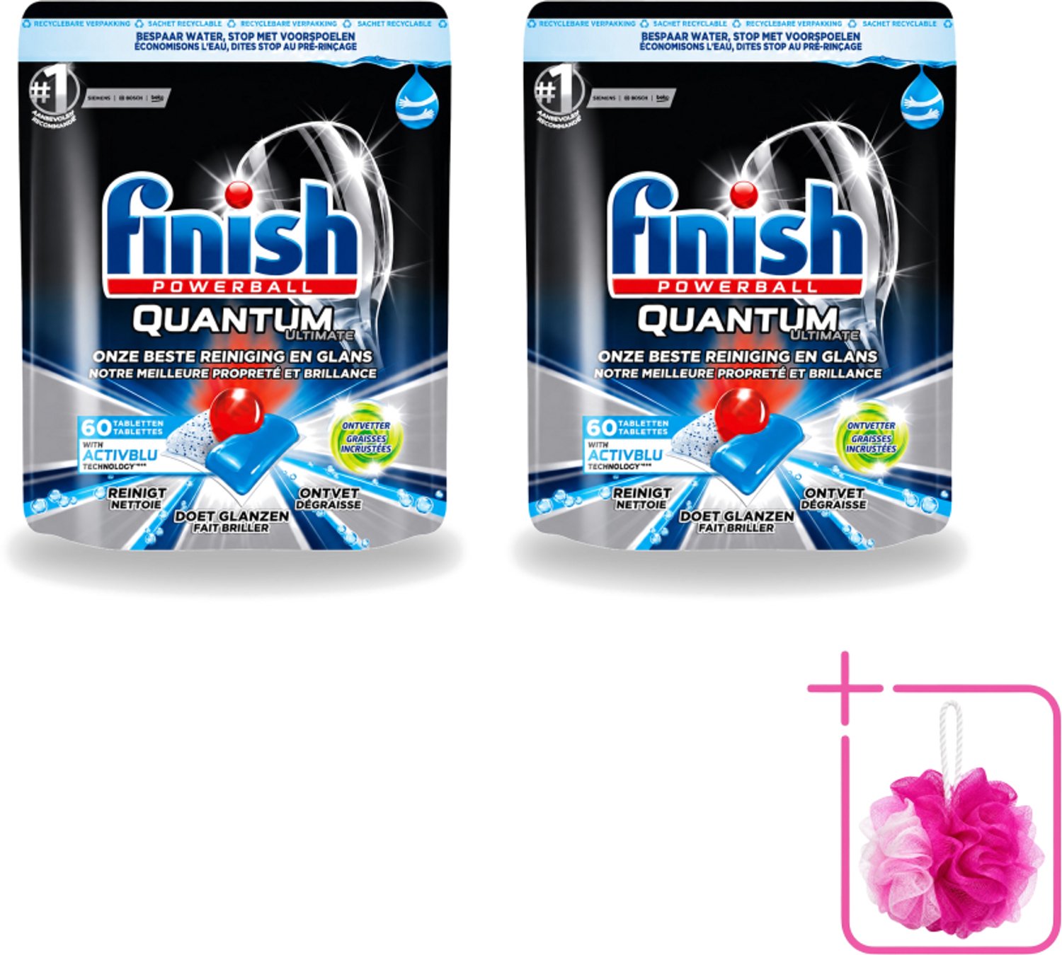 2 x Finish Powerball - Quantum Ultimate - Vaatwastabletten - Ontvetter - 60 Tabletten - Bulkverpakking - Vaatwasmiddel - Douchemop - Vaatwastablet