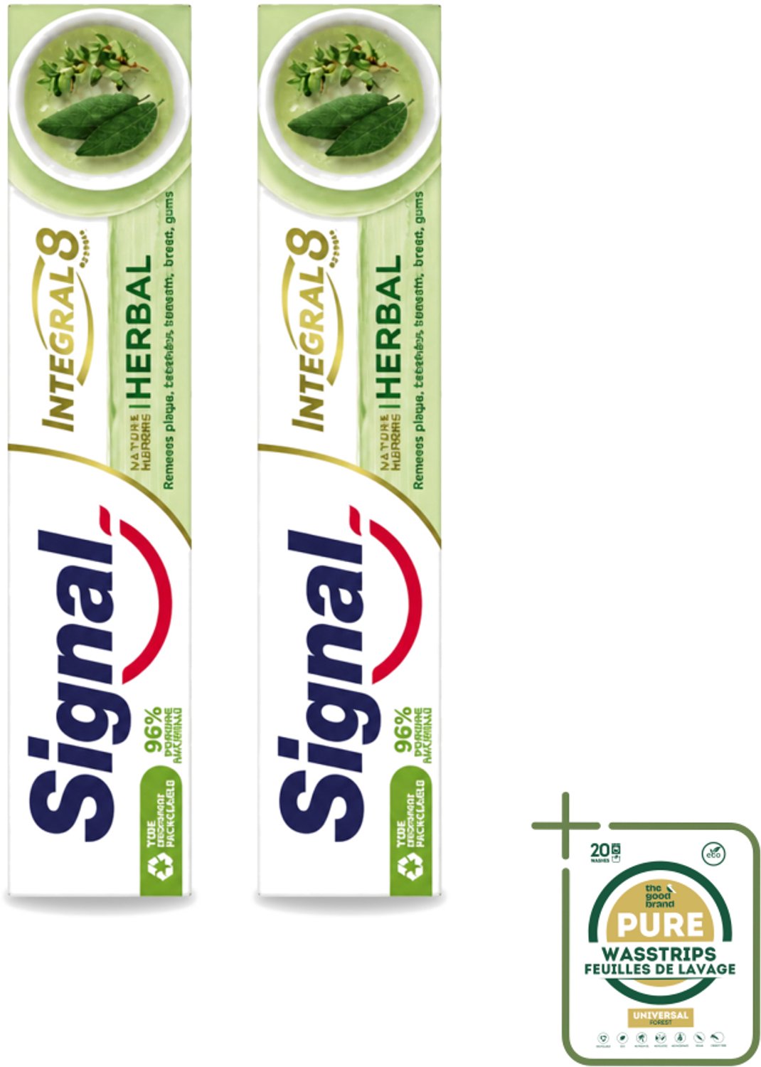 2 x Signal - Integral & Actions - Tandpasta - Natuurlijke Kruiden - Gerecyclede Verpakking - 75 ml - Wasstrips - Tandpasta - Natuurlijke Kruiden - Fluoride - Tandbederf - Tandplak