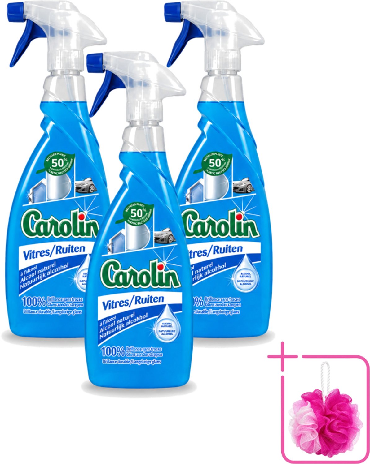 3 x Carolin - Glas- en Ruitenreiniger - Met Natuurlijke Alcohol - 650 ml - Bulkverpakking - Glas reiniger - Douchemop - Ruiten reiniger
