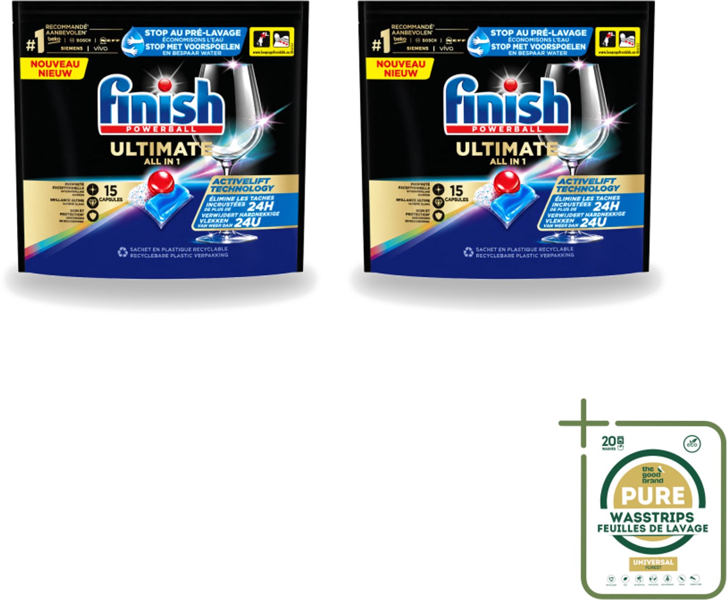 2 x Finish Powerball - Ultimate All in 1 - Vaatwastabletten - Activelift - 15 Capsules - Wasstrips - Vaatwastabletten - Activelift - Reiniging - Glans - Vaatwassen