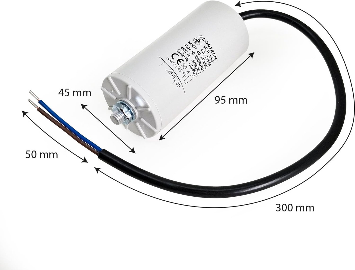 Permanent condensator 40 µF - 92 mm lengte - M8 schroefdraad - Geschikt voor motoren - ShopVlot