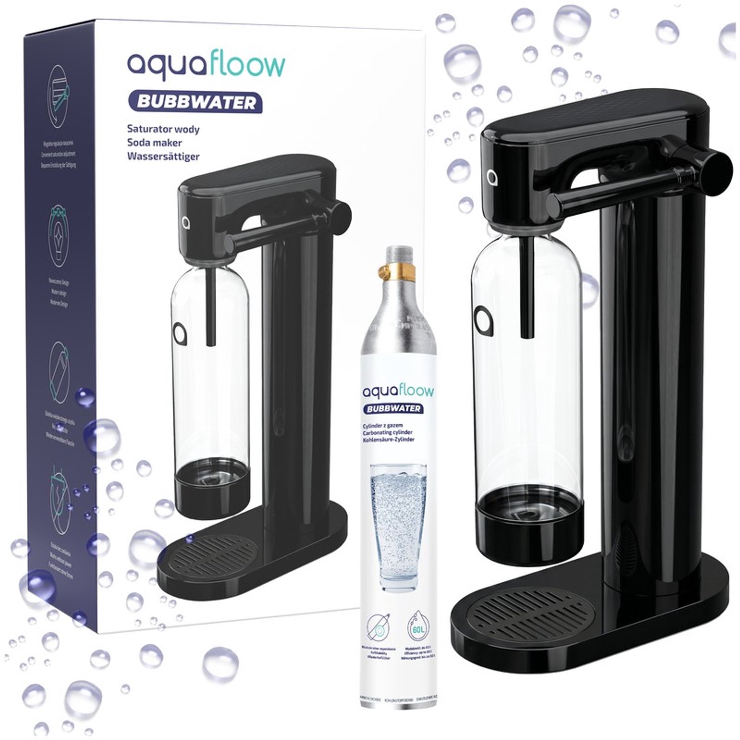 Aquafloow Sodawatermaker - frisdrankmakers - set met waterfles 800ml, CO2-cilinder - voor bereiden van zelfgemaakte dranken, water verzadigd met CO2 - zwart