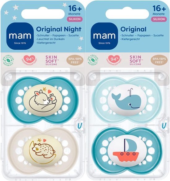 MAM Day & Night siliconen fopspeen 16 + // set van 4 // incl. 2 steriliseerde trasportboxen — afbeelding 2