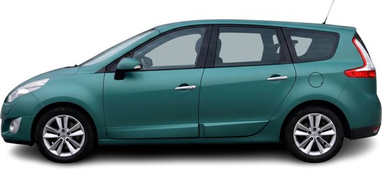 Groene Renault Scenic 3 MPV met lichtmetalen velgen, gefotografeerd op een zwarte achtergrond.