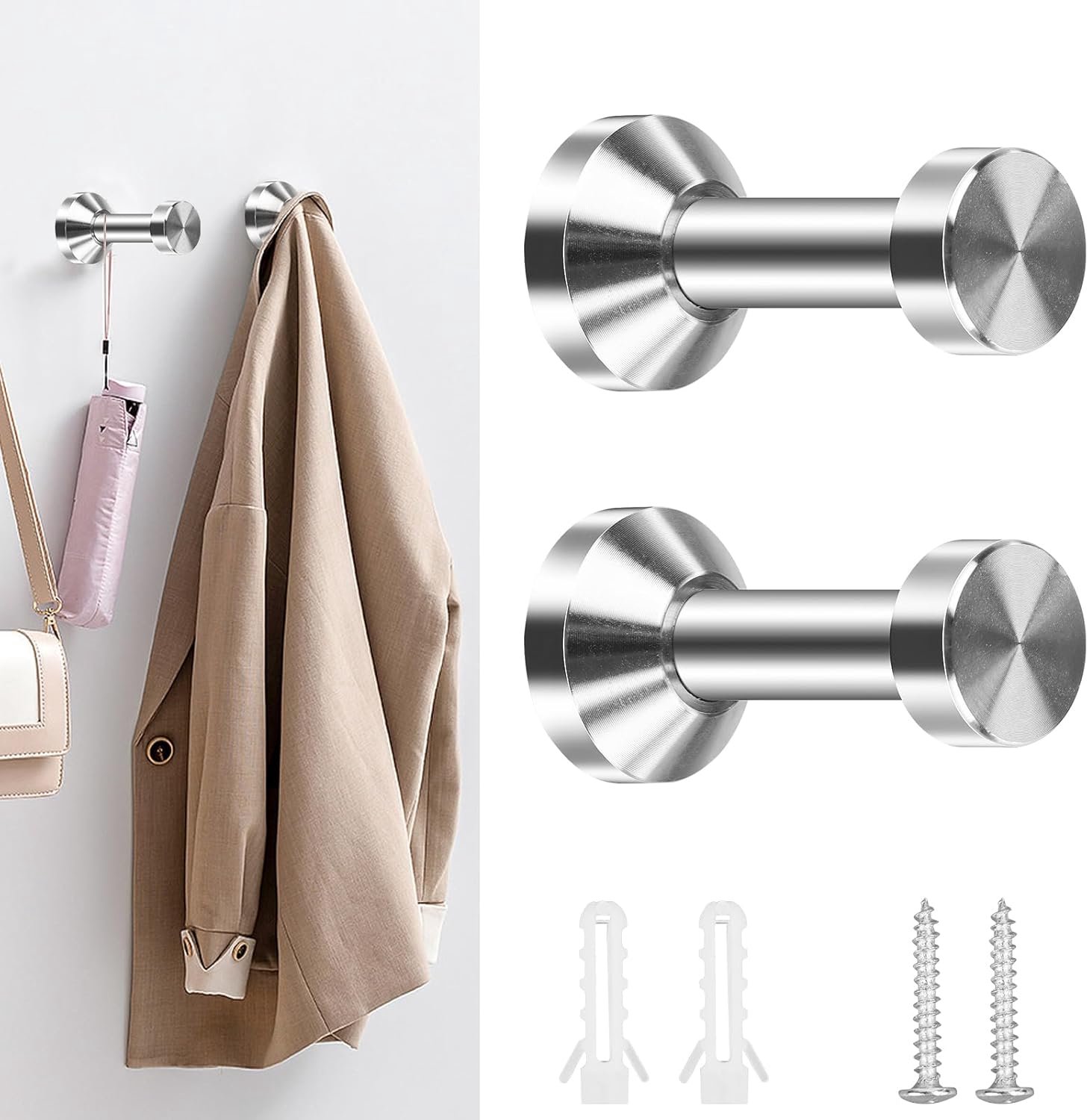 Towel hooks, 2 pieces of clothes hooks, stainless steel, wardrobe hooks, wall hooks for screwing 48 mm, with mounting - ShopVlot