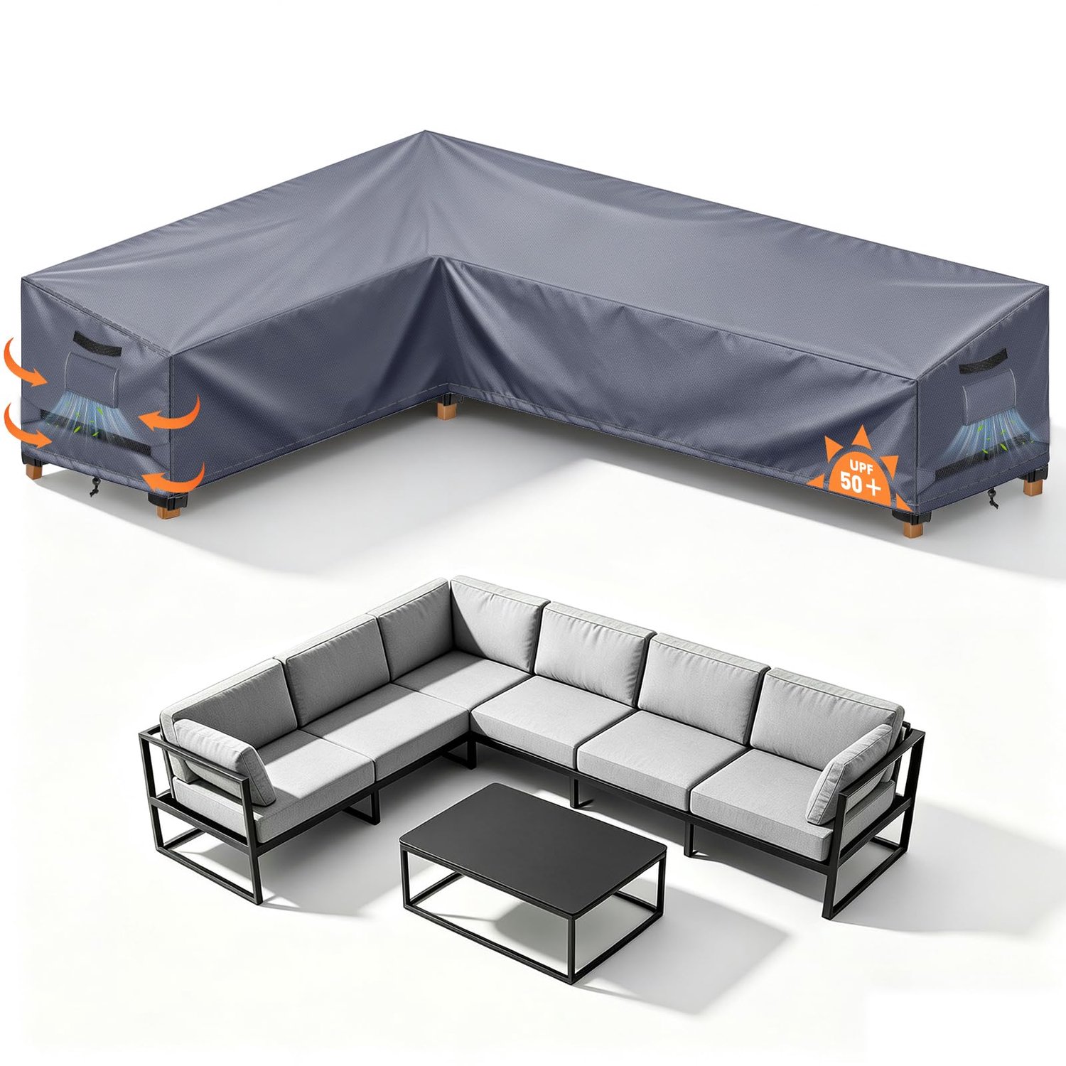 Famanu L-vormige afdekking voor tuinmeubelen, waterdicht en winterbestendig, 180 x 250 x 90 x 80/65 cm wit