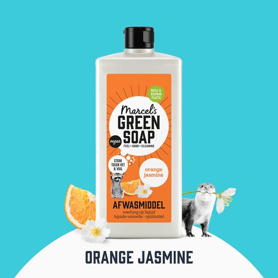 Marcel's Green Soap afwasmiddel met sinaasappel & jasmijn. Fles met oranje etiket, een wasbeer en een otter. 500 ml.