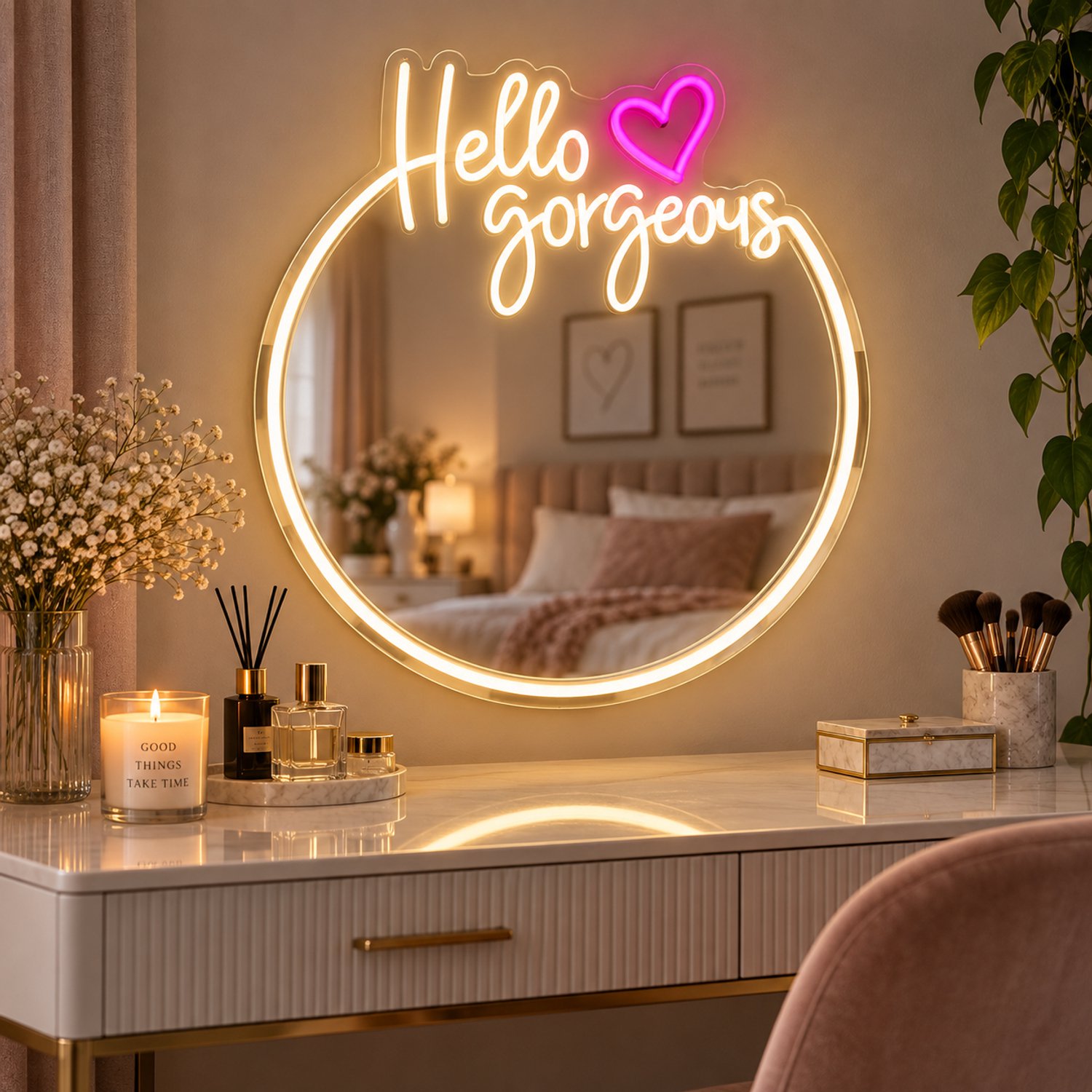 Spiegel Led Lamp – Hello Gorgeous – 45 x 45CM - Dimbaar – USB A - Verlichting – Incl. Ophangmateriaal - Wandspiegel