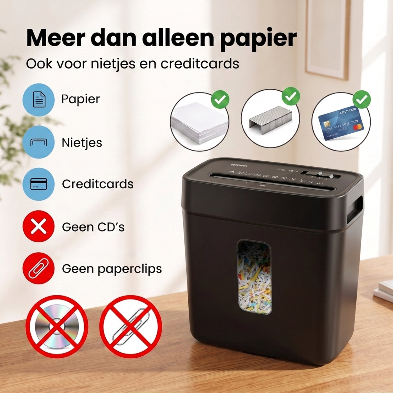 Sencision Papierversnipperaar voor Thuis - P4 Cross-Cut tot 8 Vellen - Versnipperaar voor Papier - Papiervernietiger - 11,5L - Incl. Olievellen - Zwart thumbnail 5
