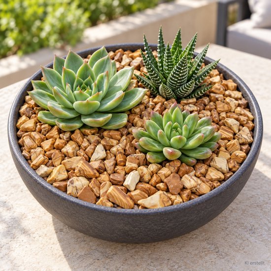 Platte, donkergrijze pot met diverse succelenten, omringd door bruin-beige rivierkiezels met houtnerf-achtige patronen.