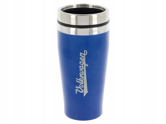 Blauwe VW beker met zilverkleurig "Volkswagen" logo.