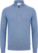 Lichtblauwe trui met kwart rits, geribd patroon en Vercate Cashmere Blend label, maat M, tegen zwarte achtergrond.