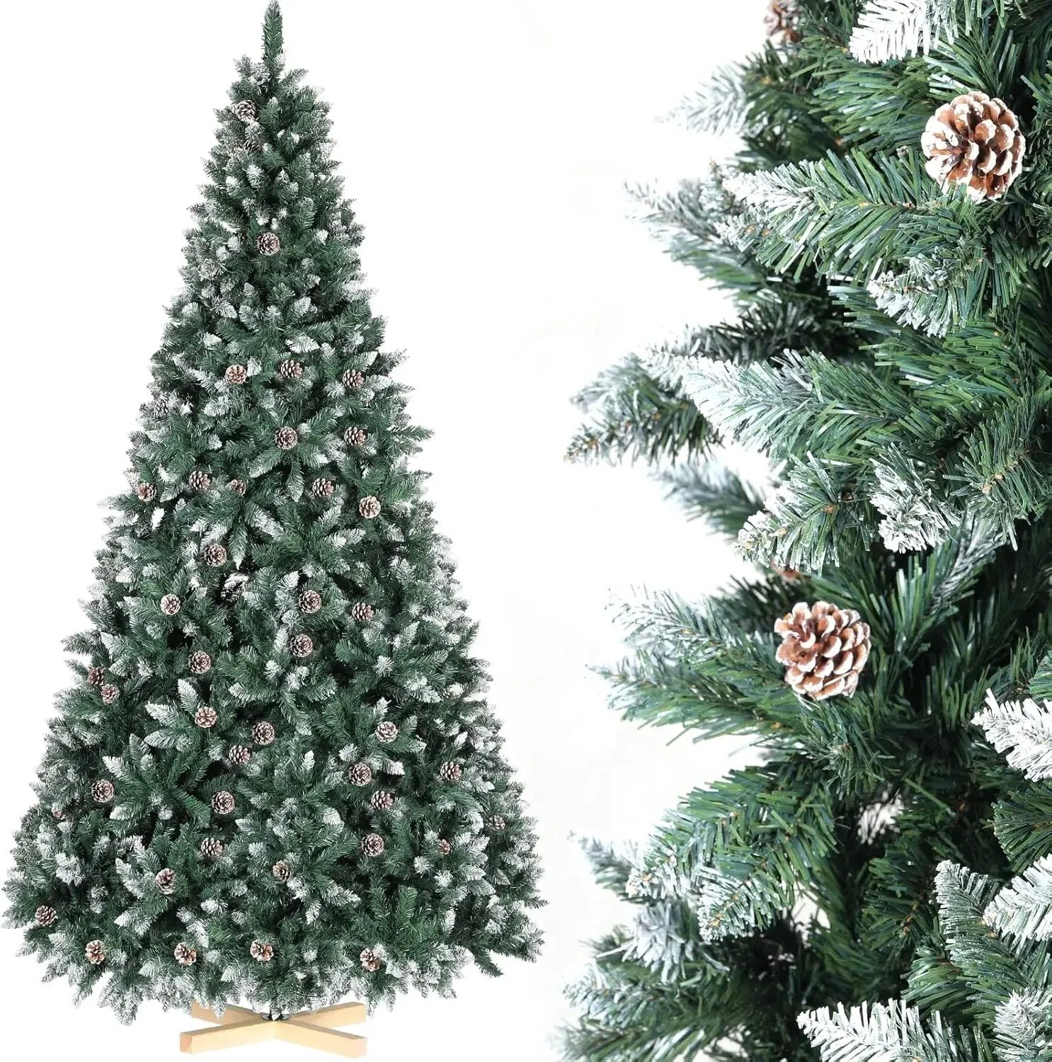 Atlasyx kerstboom - Kerstversiering - Kunstkerstboom - Kerst decoraties - Sneeuweffect - Dennenappels - Dichtgevuld - 210 cm
