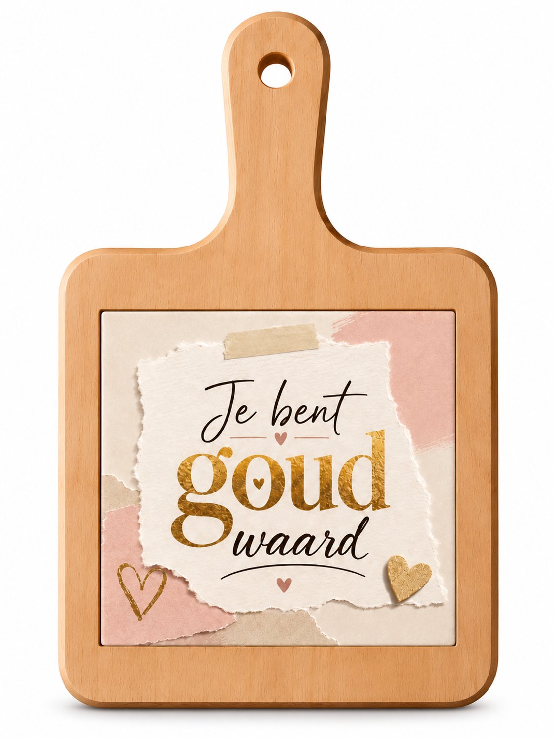 Houten Kaasplank Je Bent Goud Waard – Roze/Goud – 18 x 31 cm – Met Bedrukte Tegel – Cadeau voor Haar en Hem