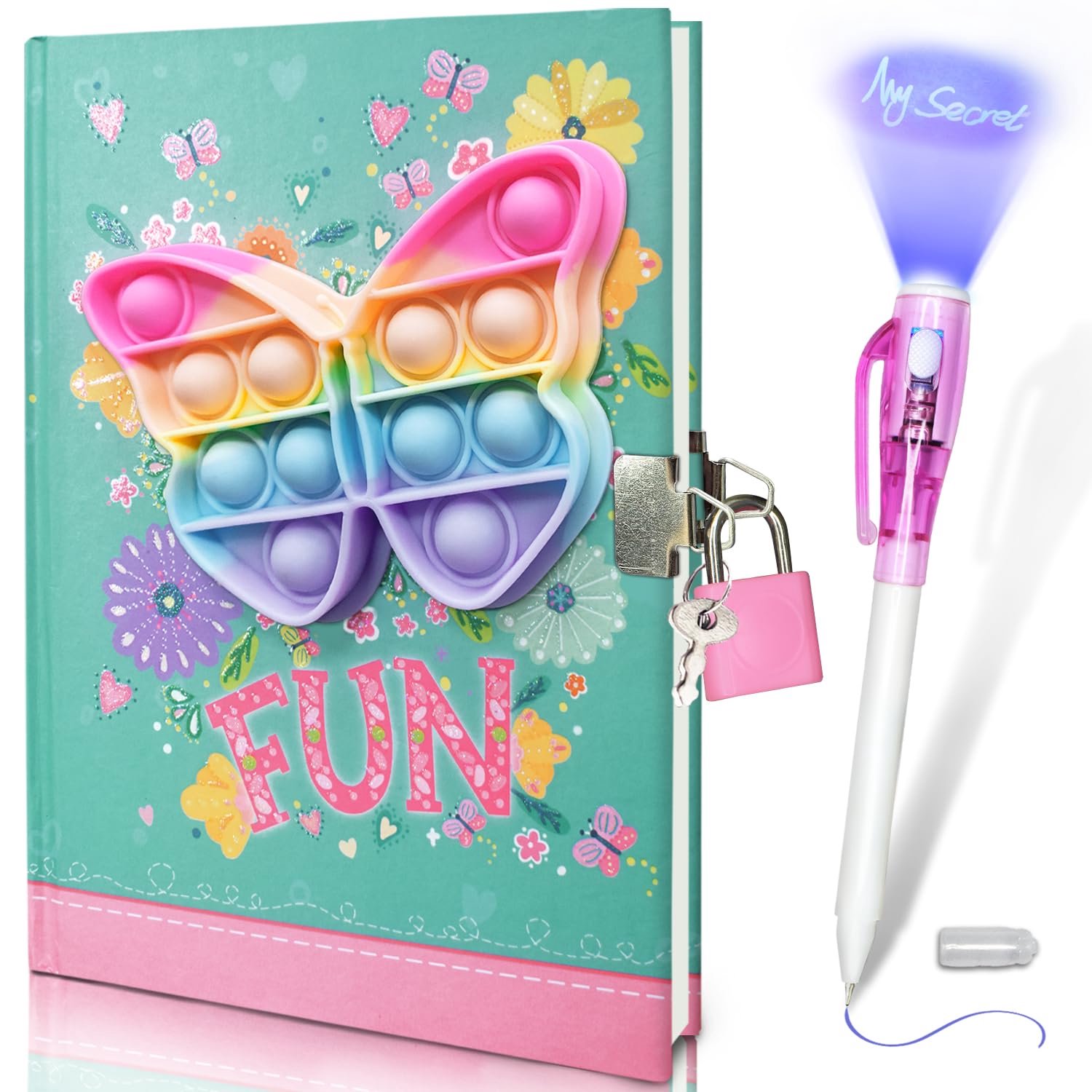 Pop Geheim Dagboek voor Meisjes met Slot, Vlinder Wiebelen Notitieboek met Onzichtbare Inkt Pen 19x13,5 cm 80 Vellen Notitieboekje Verjaardagscadeau v