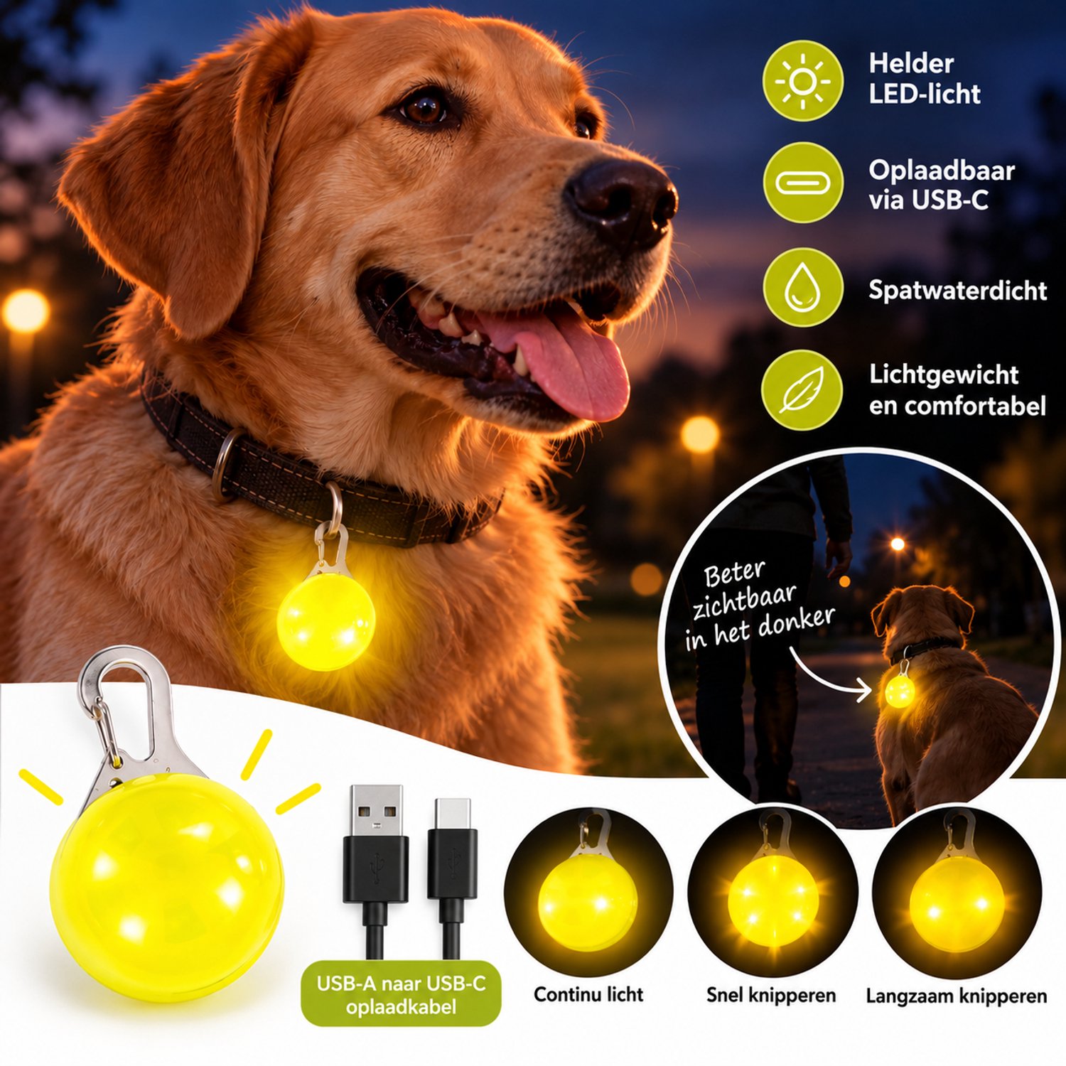 JN® Oplaadbare USB-C hondenverlichting - Kleur Geel - Hond - Hondenlamp - Sleutelhanger - Sleutelbosverlichting - Sleutelverlichting - Oplaadbaar - USB oplaadbare hondenlamp – Hondenlicht - Hond uitlaten – Verlichting hond - Kattenverlichting - Kat