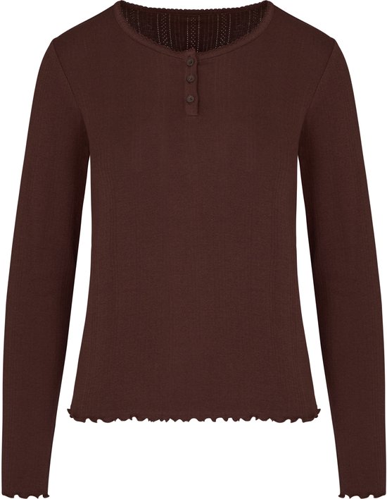 Bruin geribd shirt met lange mouwen, knoopjes bij de hals en gegolfde zomen.