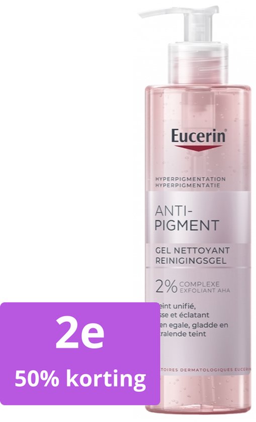 Eucerin Anti-Pigment reinigingsgel met 2% AHA Complex in een transparante pompflacon. Tekst: 50% korting.