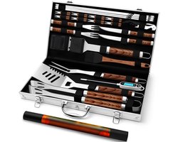 BBQ Accesoires - Barbecue Accessoireset van 26 - bestek met Draagbare Opbergcase - Hoogwaardige RVS BBQ- Zilver en Bruin - 45cm x 21cm x 7cm