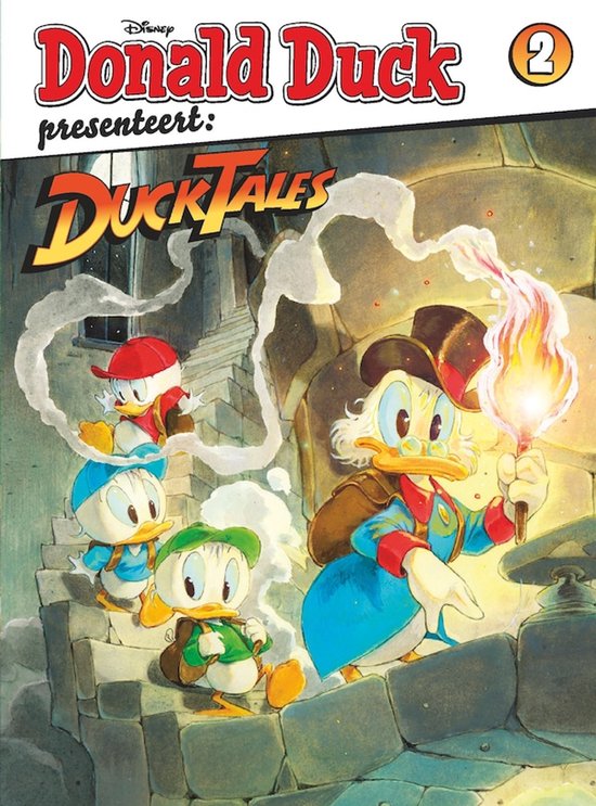Donald Duck presenteert DuckTales nummer 2 met Dagobert Duck en de neefjes in een stenen ruïne met een brandende toorts.