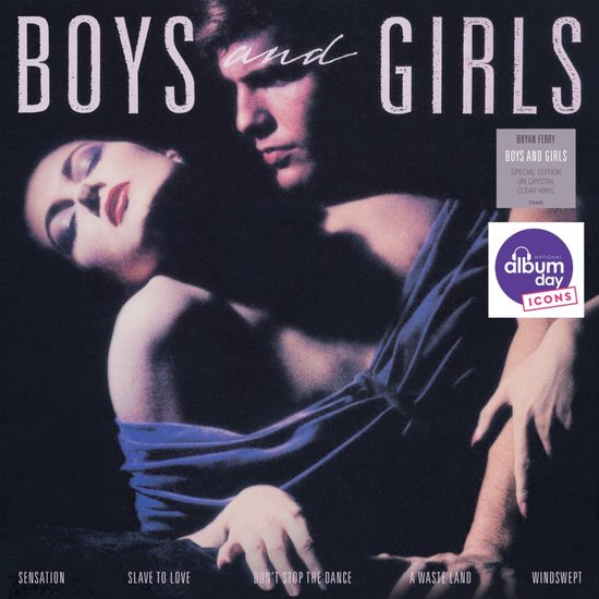 Bryan Ferry - Boys and Girls albumcover met een man en vrouw in donkere tinten. Tekst 'BOYS and GIRLS'.