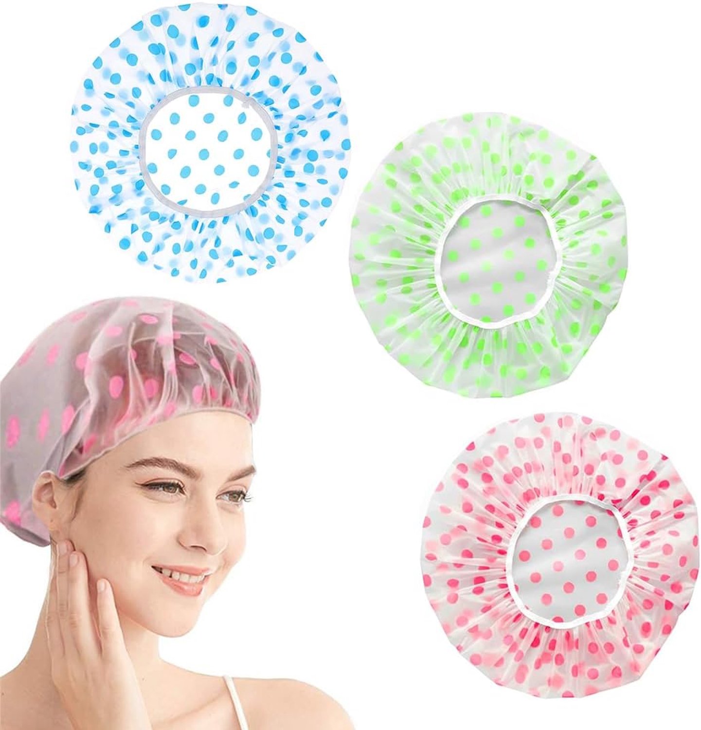 Shower Cap, 3-Piece Waterproof Elastic Swimming Cap, Reusable, Large Hair Accessory for Women and Girls, Spa, Salon - ShopVlot