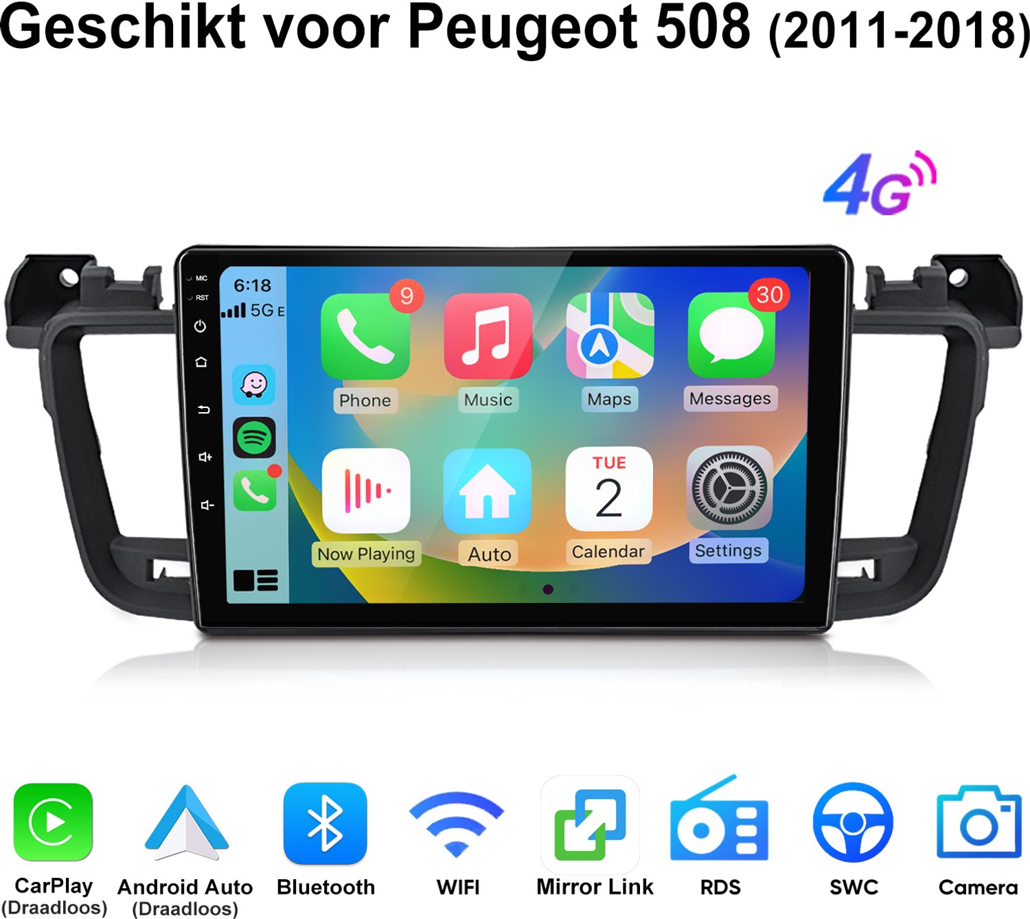Junsun Android 15 Autoradio Geschikt Voor Für Peugeot 508 2011-2018 - 6GB+128GB - Draadloze CarPlay & Andriod Auto - GPS-navigatiesysteem - Bluetooth - Stuurwielbediening - WiFi - 9-inch Touchscreen - DSP - USB - 4G