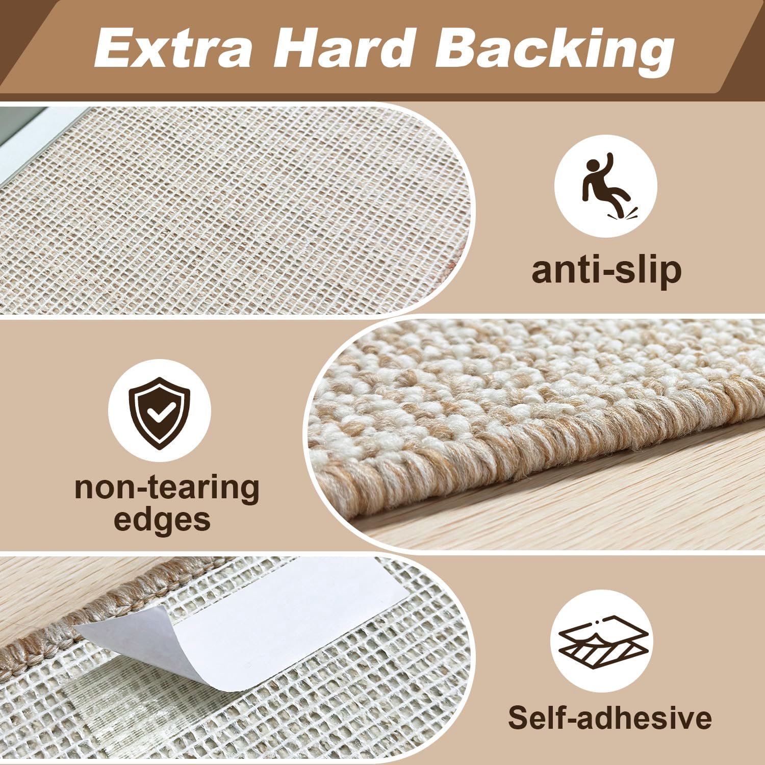 Qingbei Rina Traptreden Tapijt 15 Pack|25 x 65 cm, antislip beige traptreden zelfklevend, pel- en stokbeschermer voor houten treden trapvloer