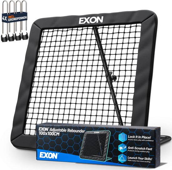 Zwarte EXON® verstelbare rebounder van 100x100cm, met net en vier grondpennen.