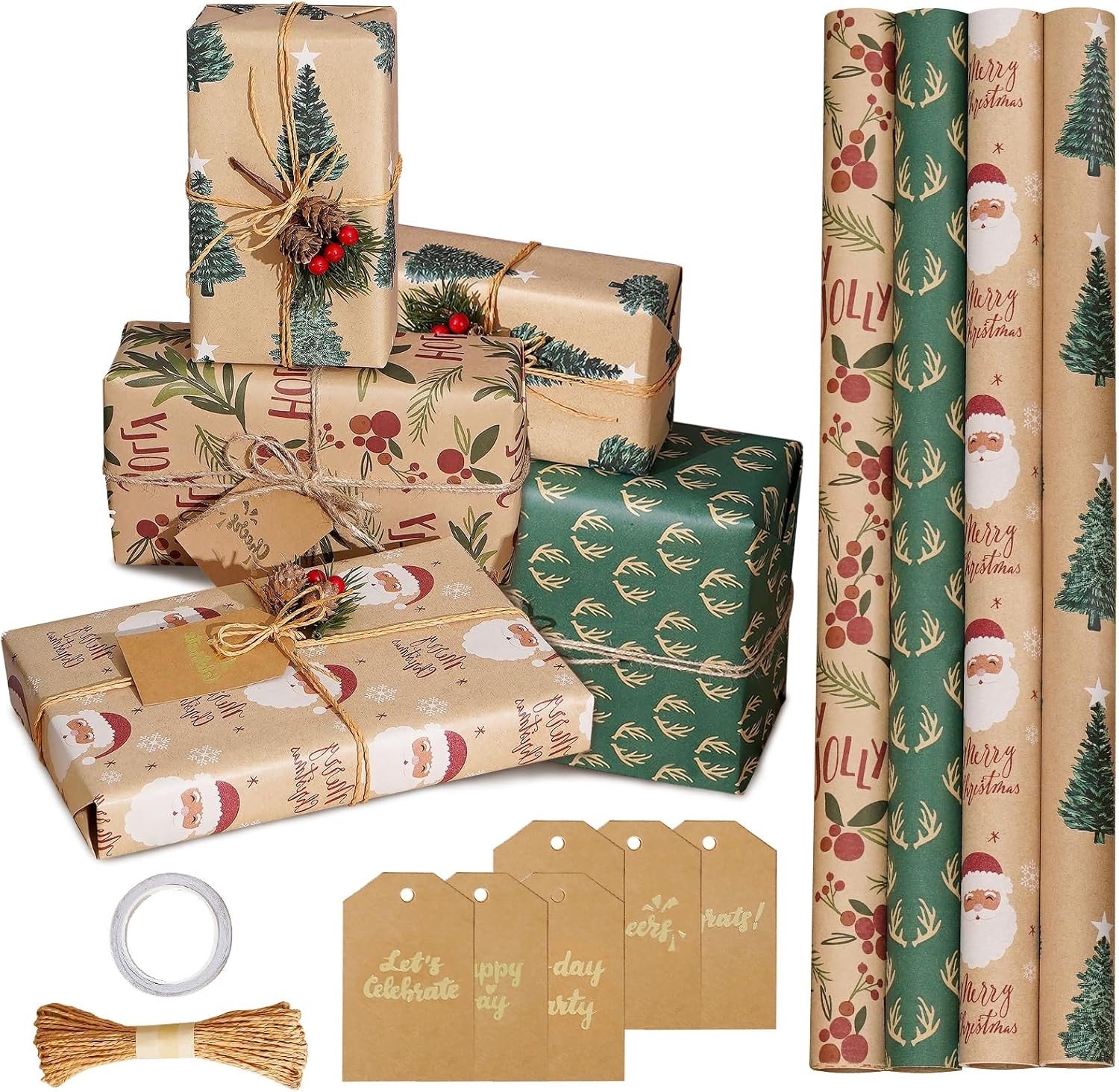 Kerst Cadeaupapier Set - Kraft - 43 cm x 3 m - Inclusief Henneptouw en Etiketten - Voor Verpakking en Creatieve Projecten