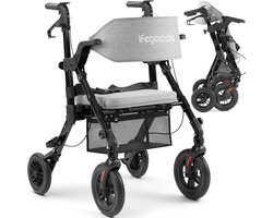 LifeGoods Rollator en Transportstoel 2-in-1 – Opvouwbaar – Met Opstahulp, Zitje, Veiligheidsgordel, Voetsteunen en Opbergtas – Tot 136KG Draagkracht – Grijs