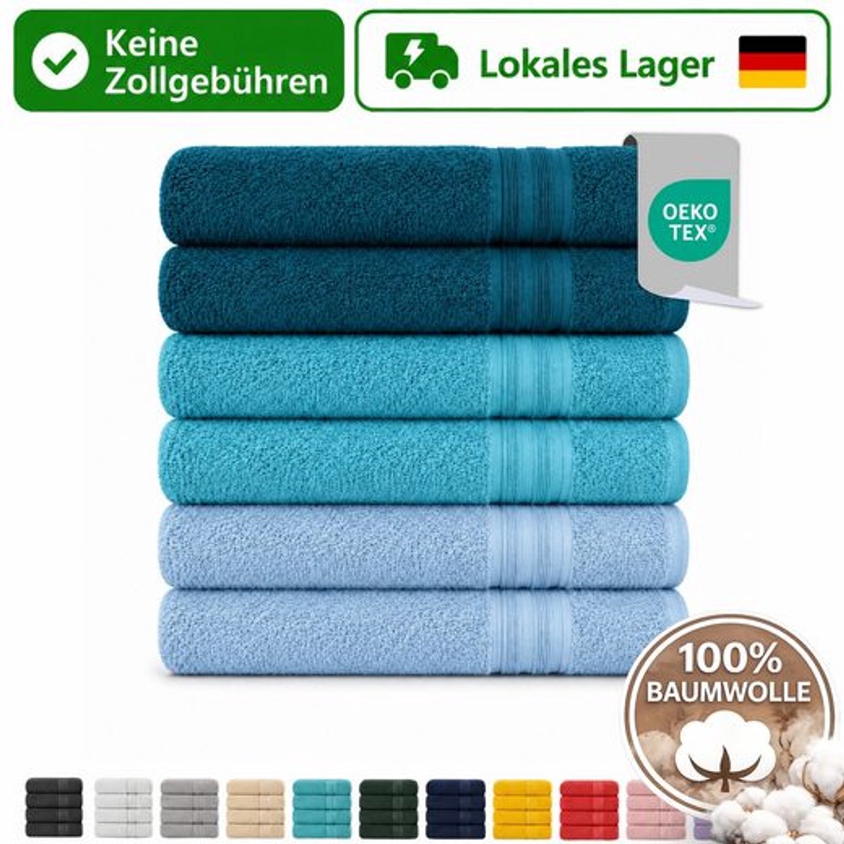 Komfortec Set van 6 Badhanddoek 100x200 cm van 100% Katoen, XXL Saunahanddoek, Grote Douchehanddoek, Zacht & Absorberend, Petroleumblauw&Lichtblauw&Turquoise