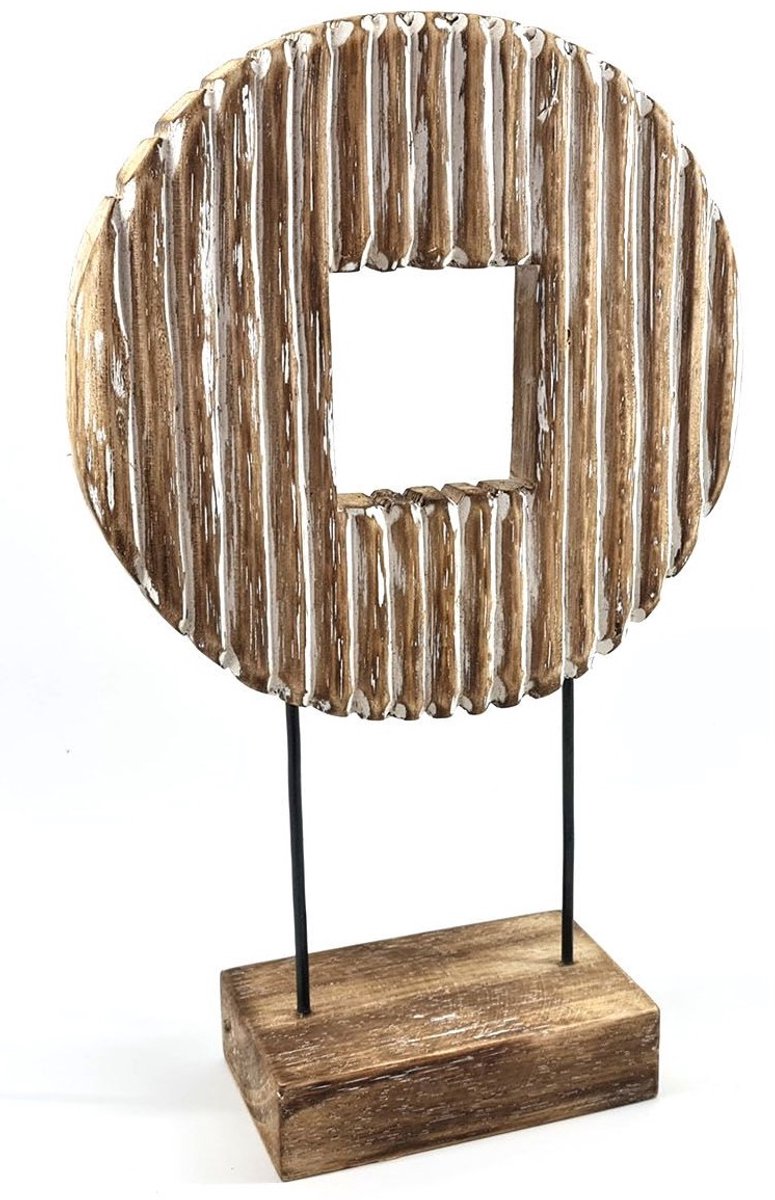 Rond houten ornament op voet - 40x25 cm - natural - wit - Woodart