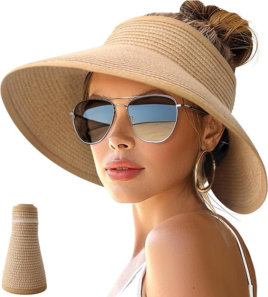 Zonnehoed - Dames zonnehoed - Strandhoed met brede rand - Dames strandhoed met brede rand - Stro zonnehoed - Oprolbare strandhoed - Paardenstaart - Opvouwbare stro reiszonnehoed Zomer - UV-bescherming - Opvouwbaar - Strandvakantie - Khaki