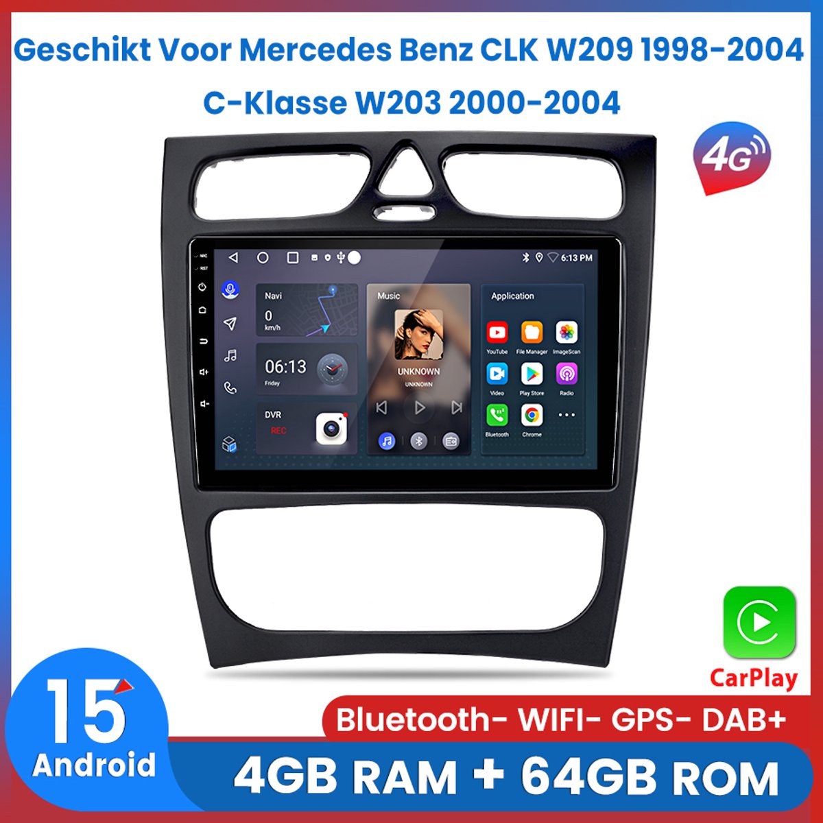 Awesafe 4+64GB 8-Kern Autoradio - Geschikt Voor Mercedes Benz CLK W209 1998 t/m 2004 C-Klasse W203 2000 t/m 2004 - Draadloos Carplay & Android auto - Android 15.0 Systeem - Met navigatie GPS - Radio scherm - 1998 1999 2000 2001 2002 2003 2004