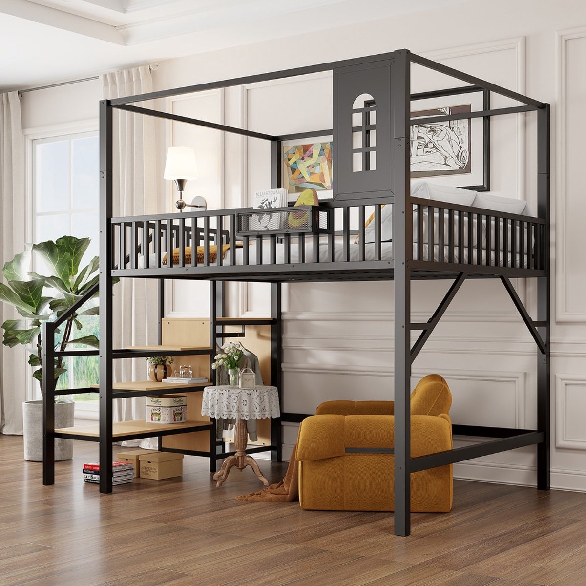 KOMHTOM Metalen hoogslaper, afmetingen 140 x 200 cm, multifunctionele hoogslaper met bovenframe en veiligheidsladder, creatief jeugdbed, bed voor volwassenen. Zwart