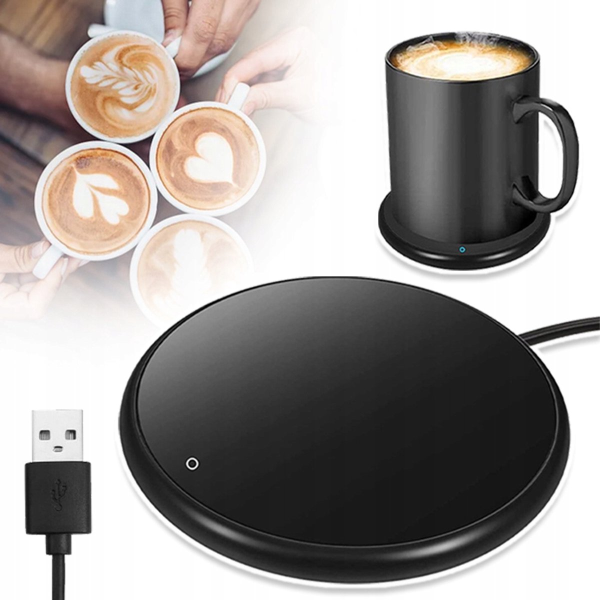 USB Koffiewarmer Bekerwarmer - 3 Warmtestanden & 8 Uur Auto-Uitschakeling - Drankwarmer voor Koffie, Thee en Cacao - Klein en Lichtgewicht - Geschikt voor Bureau, Hotel en Onderweg - Zwart