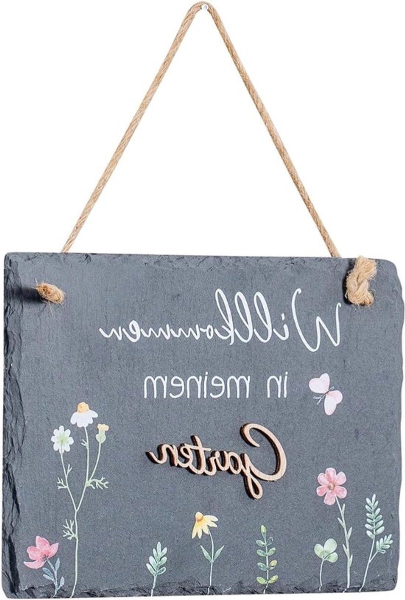 Leistenen bord tuin - Tuindecoratie bord spreuk - Verwelkomen gasten - Natuurlijk leisteen materiaal - 20 x 15 cm - Zwart