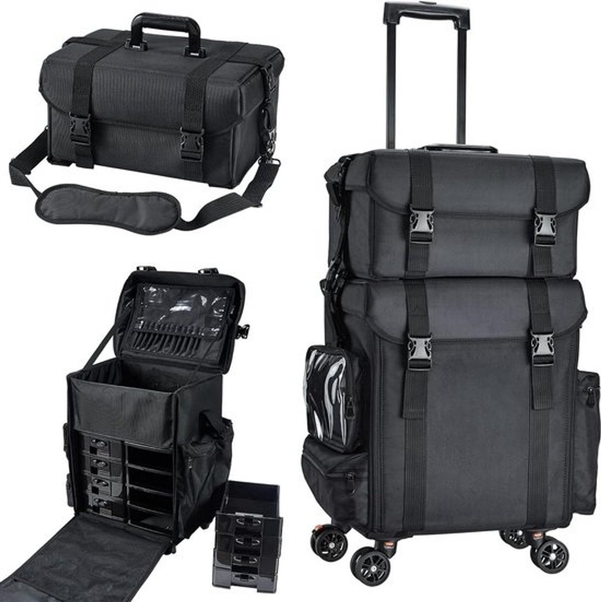 2in1 Make-up Reiskoffer met Wielen - Zachte Nylon Make-up Organizer voor Professionele Make-up Artists