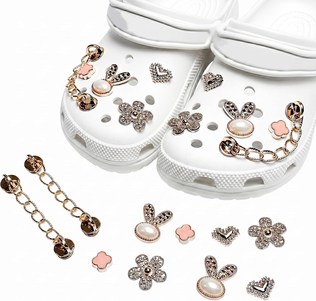Bedels, gouden ketting, hazenoren, doe-het-zelf schoensieraden, pins, schoenbedels voor spelden, meisjes, dames, Crocs kinderen, schoenhangerset, klompen, accessoires, decoratie
