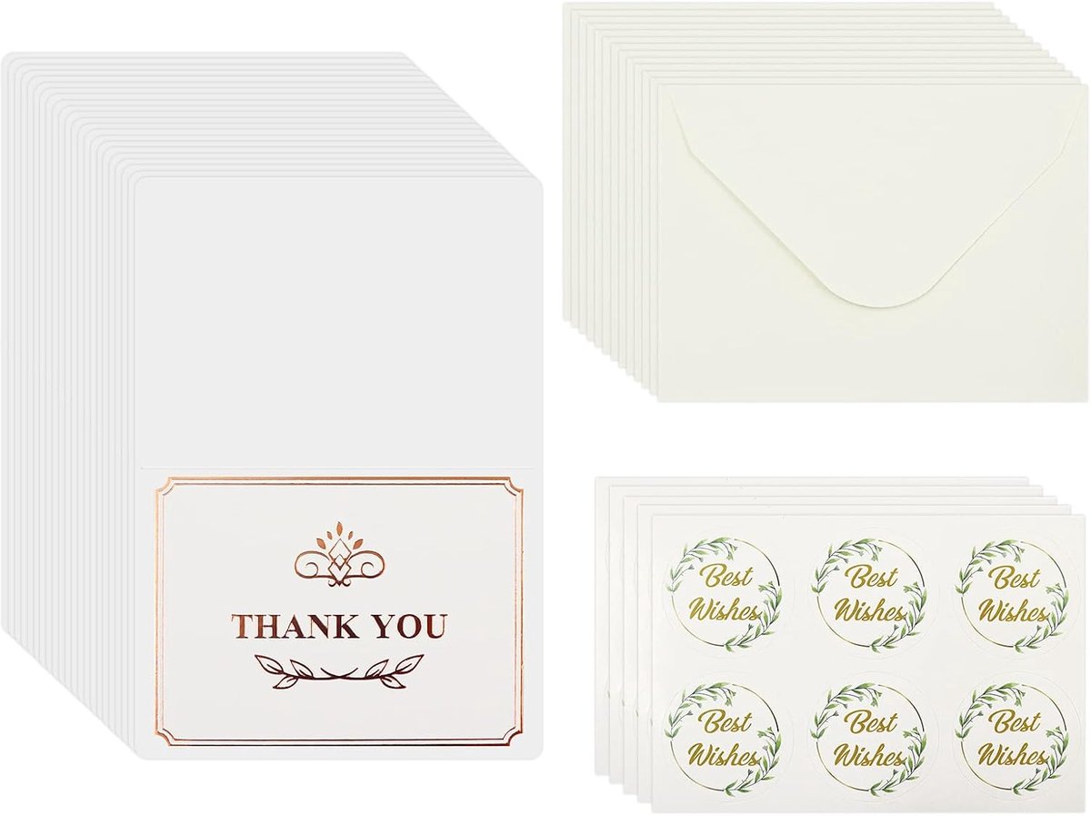 30 stuks bedankkaarten met enveloppen folie roségoud, diverse notitiekaarten voor alle gelegenheden blanco binnenkant, wenskaarten met stickers voor bruiloft, zakelijk afstudeergeschenk (bedankt)