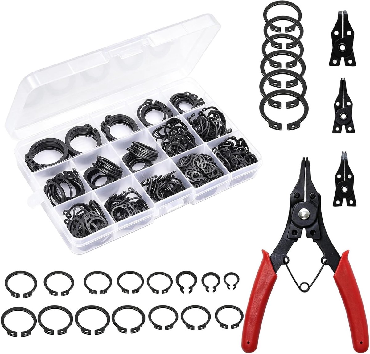Borgringenset, 415 stuks, 21 maten, borgringen met 4-in-1 snapringtang, borgringen, afdichtringen assortiment, houderringen, externe C-clips, voor reparatie van pinclips