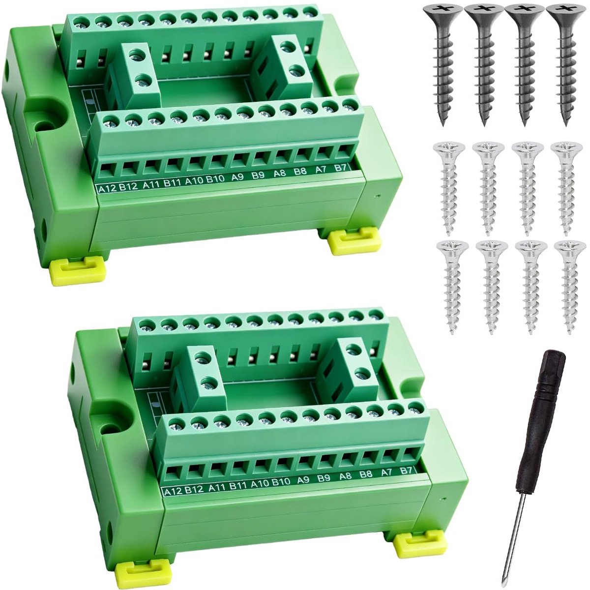 Verdeelmodule met klemblok, 10 A/300 V, 2 x 12 verdeelplaat, 12-24 AWG, geleiderailmontage met schroeven en schroevendraaier voor doe-het-zelf elektronische schakelingen, 2 stuks