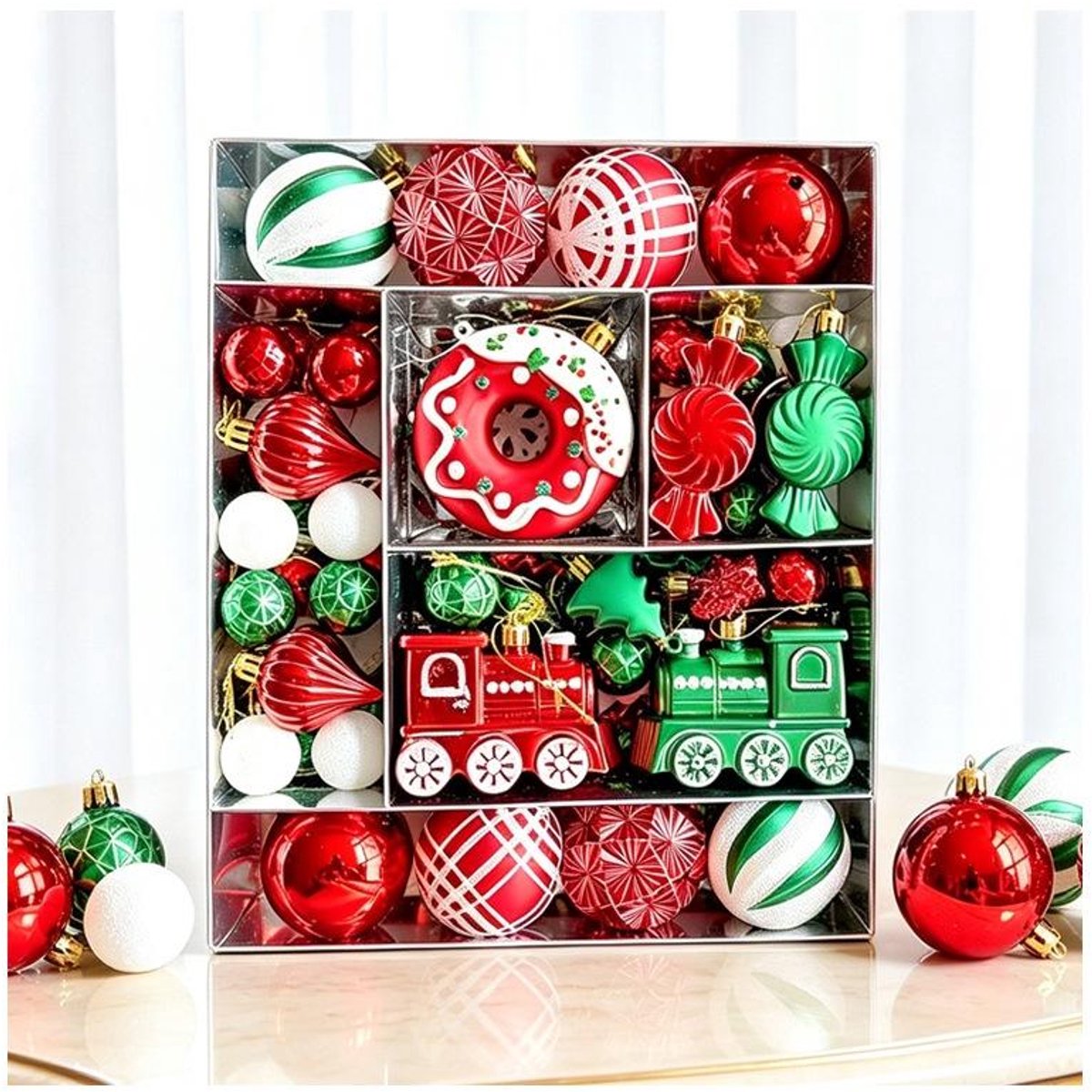Kersthangers Set – Kleurrijke Kerstballen met Donut & Trein – Speelse Kerstboomversiering – Kunststof Ornamenten