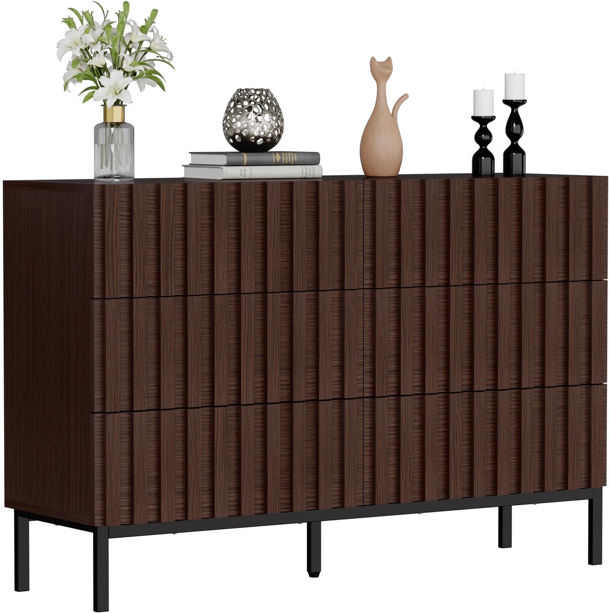 UEV Commode met 6 lades, 100 x 34,5 x 73,4 cm, Kast met lades, Smalle commode, Opbergkast, Kast voor woonkamer, slaapkamer, hal (Donkerbruin)