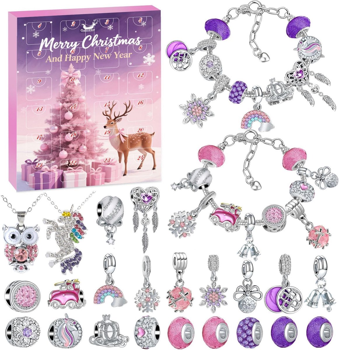 Adventskalender 2026 Meisjes - Kerst sieraden verrassingsdoosjes - DIY Sieraden Knutselset met 20 Bedels - 2 Armbanden en 2 Kettingen - 24 Verrassingen - Kerstcadeau voor meisjes