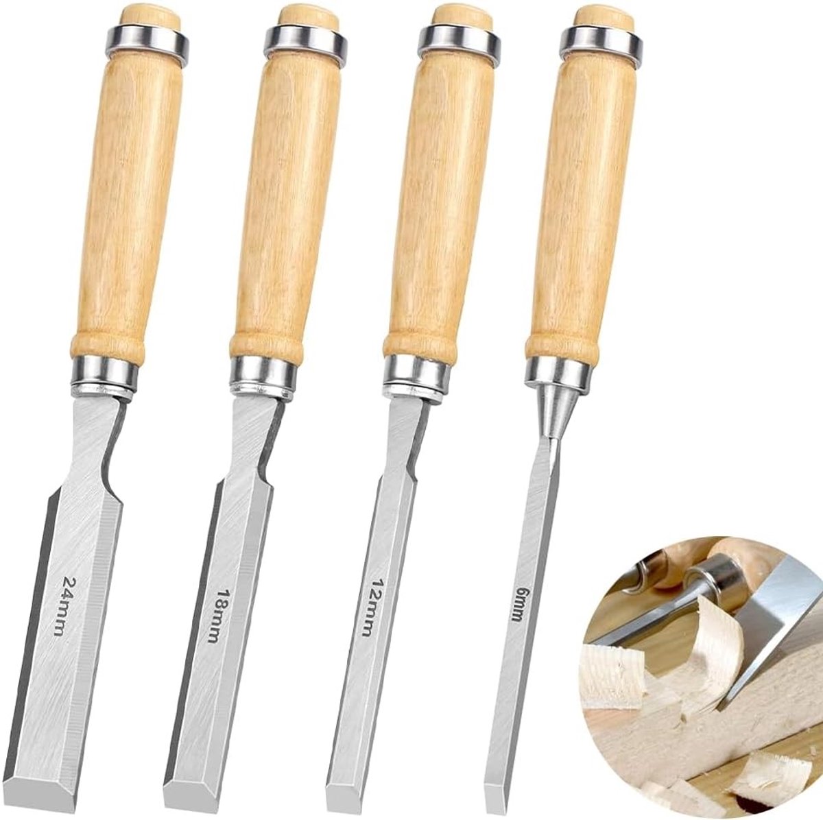 Set van 4 Houtscharen met scherpe bladen, 6, 12, 18, 24 mm, ideaal voor houtbewerking en DIY-projecten, comfortabel handvat voor precisiewerk