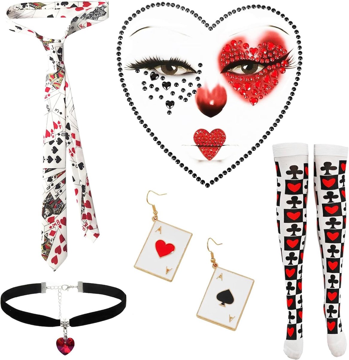 Speelse Kaarten Kostuum voor Vrouwen - 7-delige Set met Hart Koningin Outfit voor Carnaval en Casino, Inclusief Pokerkaarten, Kousen, Stropdas, Oorbellen en Choker, Rood, Wit, Zwart, One Size
