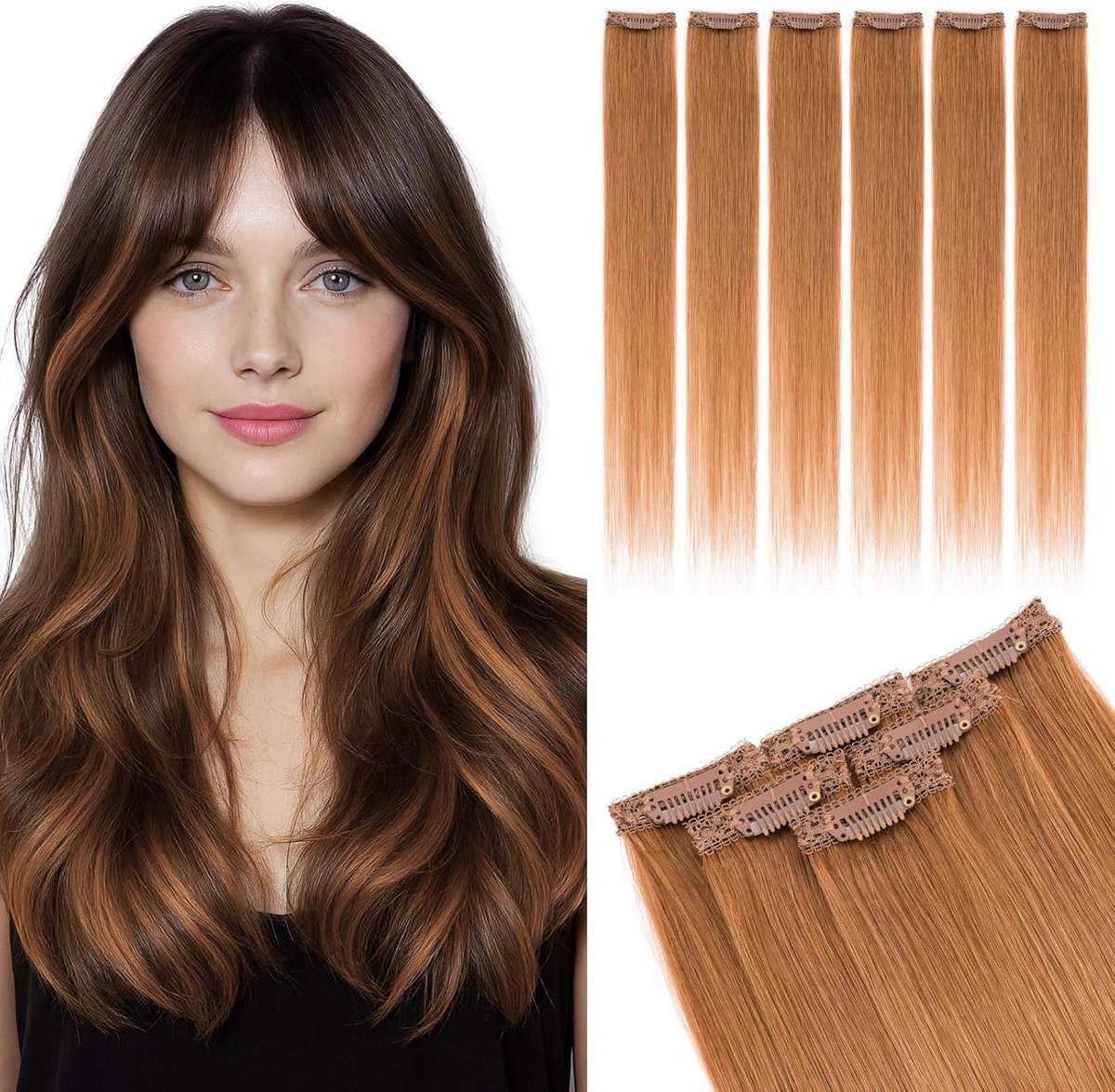 Clip-in extensies van echt haar, 6 stuks, 40 cm, haarverlenging, natuurlijk, Single Clip Hair Extension highlights voor vrouwen, glad, Bruin (#30, 40g)